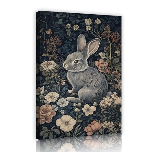 Toile lapin dans champ de fleurs sauvages pour déco salon ferme vintage