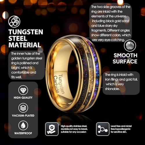 8mm Men's Gold Galaxy Ring, Tungsten Wedding Band with Purple Blue Opal and Chamfered Sparkling Finish - Comfortable Size 7-14, Comes in a Beautiful Gift Box2