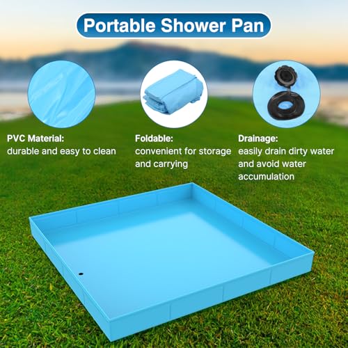 ANTEQI Portable Shower Pan, Foldable Camping Shower Base with Detachable Drain Pipe, 40\" x 40\" x 4\" Outdoor Shower Floor for Beach, RV, Indoor Shower Stall