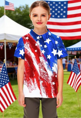 Image of 4th of July Shirts for Girls Boys American Patriotic Tshirt Kids Hawaiian Button Down Tops