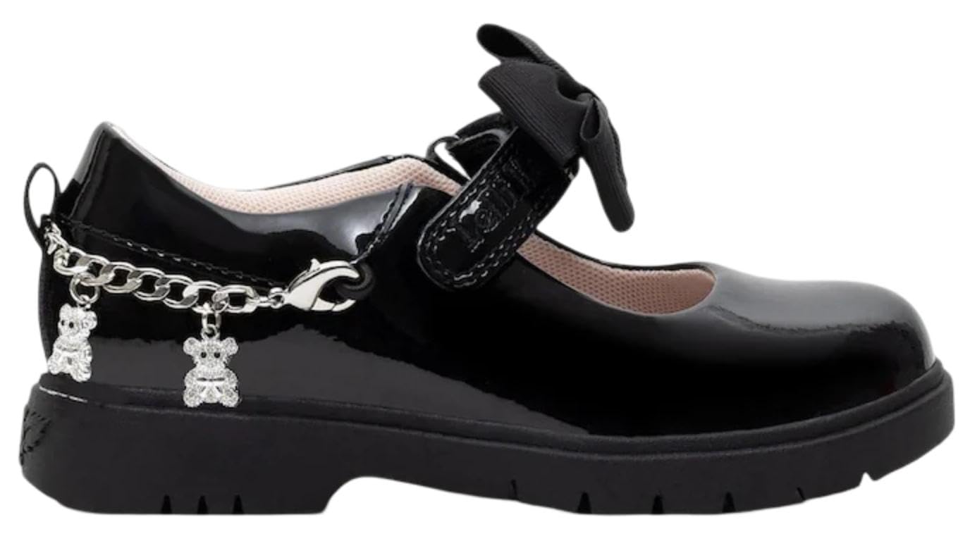 Lelli Kelly Teddybär Mädchen schwarz Lack Abnehmbares Armband Schulschuhe | Abnehmbares Charm-Armband, Schleifenriemen, Lederfutter, gepolsterte Innensohle