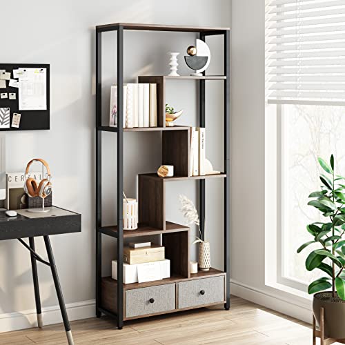Hifit Bookshelf With 2 Drawers, Tall Bookcase With 9 Open Bookshelf For Living Room, Free Standing Display Shelf For Reading Room Bedroom Entryway Hallway, 31.5”W X11.8”D X 70.9”H, Brown #TOP7