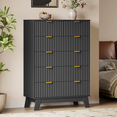 Image of BORNOON 46 inch Tall Dresser for Bedroom, 6-Drawer Fluted Chest of Drawers, Modern Wood Highboy with Deep Storage, Metal Slides and Handles, Anti-Tip Kit, Vertical Clothes Organizer for Apartment, Nursery