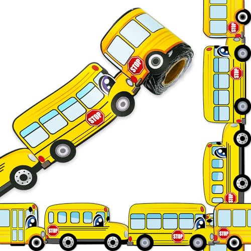Image of Whaline 32.8 Ft School Bus Bulletin Board Borders Yellow Cartoon Bus Die-Cut Rolled Border Trim for Back to School Classroom Home Chalkboard Decoration