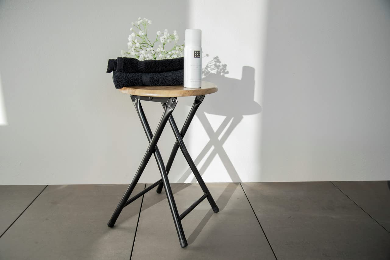 WENKO Badhocker Mod. Forio, zusammenklappbar, kleiner Tisch im Industrial-Design oder Pflanzenhocker mit Loft-Charakter, aus lackiertem Stahl mit MDF-Sitzfläche, (B/T x H): Ø 30 x 46 cm, Schwarz/Braun