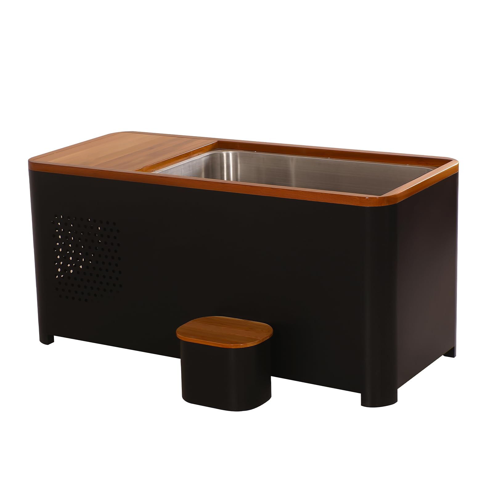 Smartmak Cold Plunge Tub with 1HP Chiller,500L Red Cedar Ice Bathtub,Cooling and Heating, WiFi丨Filter丨Ozone/UV, Stainless Steel Base, with Lid, Wood Seat(37-107℉) (Rectangular-2)