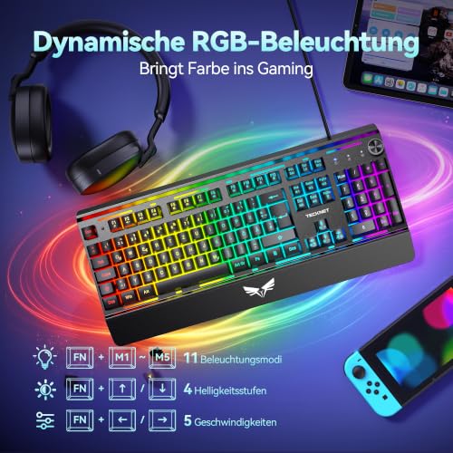 TECKNET Gaming Tastatur, Metallgehäuse Membrantastatur mit Lautstärkeregler – Ansicht 4