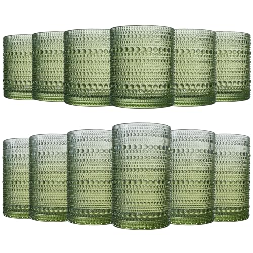 Image of Khen Hobnail Beaded Highball Drinking Tumbler Glasses | Set of 12 | Color, Vintage Bubble Design Whiskey Glassware, Old-Fashioned, Embossed Design for Water Wine, Cocktail Embossed Heavy Glass (Green)