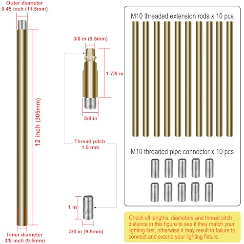 Image of 10 Pieces 12-inch Extension Poles M10 Threaded Lighting Fixture Downrods Stems & 180 Degrees Sloped Ceiling Adapter Kits for Pendant Light, Island Lighting, Chandeliers (Brass) (Pack of 3)
