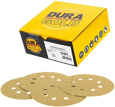 Dura-Gold Premium 5" Gold Sanding Discs - 80 Grit (Box of 50) - 8 Hole Pattern Dustless Hook & Loop Backing Sandpaper for DA Sanders, Aluminum Oxide Abrasive - Sand Automotive Paint, Woodworking Wood