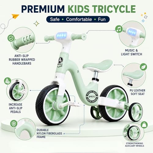 Image of Stardust 3-in-1 Kids Tricycle, Bicycle & Balance Bike for 2-5 Years Boys & Girls | Convertible Toddler Cycle with LED Light, Music & Foldable Training Wheels | Ride-On Toy (Green)