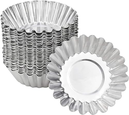 volumoon 30 Pezzi Stampi per Crostatine All'Uovo, Stampi per Tartellette 7cm in Alluminio, Stampi per Muffin Per Cupcakes Formine per Budini Riutilizzabile, Antiaderente,Argento