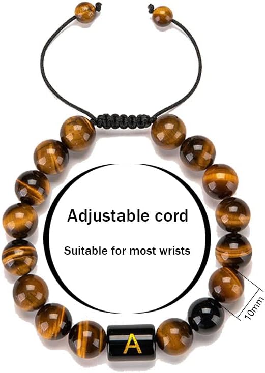 Miniatura 2 de GIOLOYS Pulsera de cuentas con inicial, pulsera de piedras preciosas curativas con ojo de tigre natural y ónix negro, pulseras ajustables para