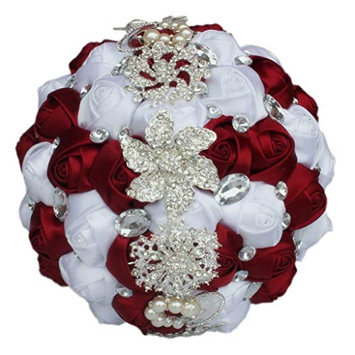 Fouriding Customization Wedding Bouquet Bridesmaid Bridal Artificial Holding Bouquets with Rhinestone Decor Satin Roses Flowers for Valentine's Day Birthday church (Wine Red White, Dia:24cm)