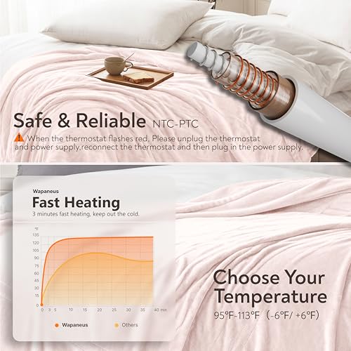 Image of Wapaneus Foot Pocket Heated Blanket Electric Throw with 10 Heating Levels and 4 Timer Settings 4 Hours Auto Shut Off, Flannel Fast-Heating Heated Throw 50 inch x 60 inch, Machine Washable, Pink