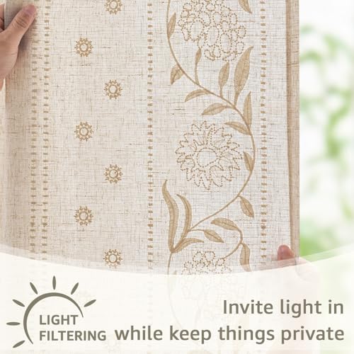 Image of jinchan Ivory Floral Linen Curtains for Living Room 108 inch Back Tab 2 Panels
