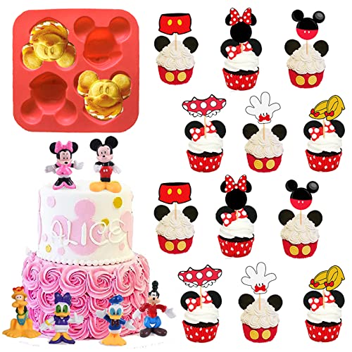 Lemotoy 19Pcs Decoration Gateau Anniversairefigurine Minnie pour Gateau Figurine Minnie 1 Moule Mickey Moules à Bonbons en Silicone Mickey Fournitures Gâteau Topper pour Enfants Dès 3 Ans Cover