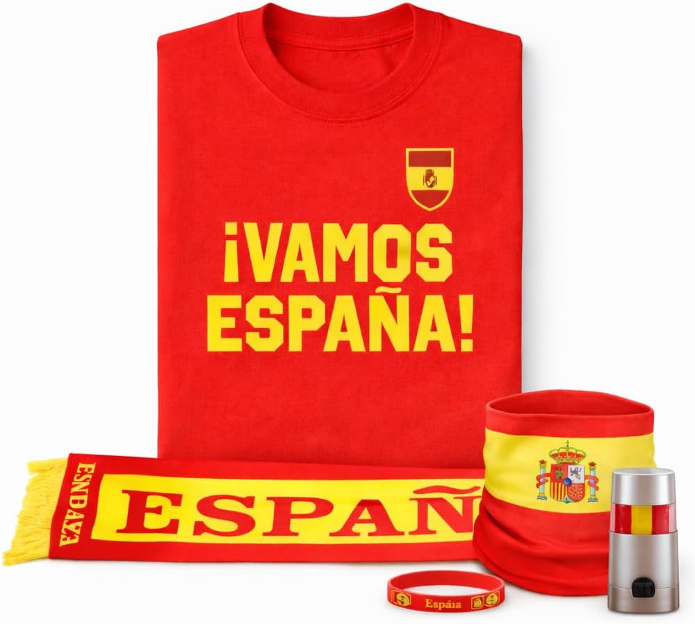España National Team Fan 5-Piece Soccer Kit, Red T-Shirt, Scarf, Bandana, Bracelet and Body Paint Stick, 2026