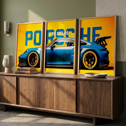 Image of walllane Big Porsche Cars Framed Posters Gift Items for Boys Room Wall Decoration Bedroom Living Room Office Studio Decor | Car Poster Frame for Wall Decor Set Of 3 Size (13x17 inch), Framed