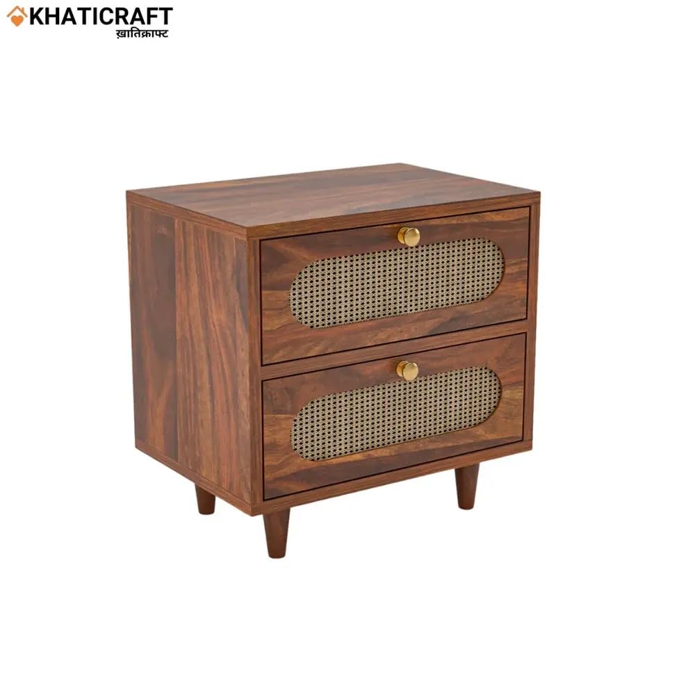 Image of Solid Sheesham Wood Rukm Bedside Table with 2 Storage Drawer | Wooden Bedside End Tables, Bed Side Nightstand Lamp Table for Room Furniture, Bedroom, Home & Hotels (Honey Finish)