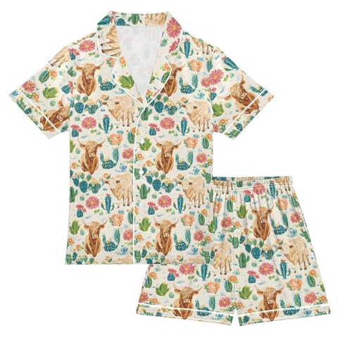 Cactus Flowers Highland Cow Pattern Pajamas Set Summer Button Down Sleepwear Pjs Sets Comfy Loungewear