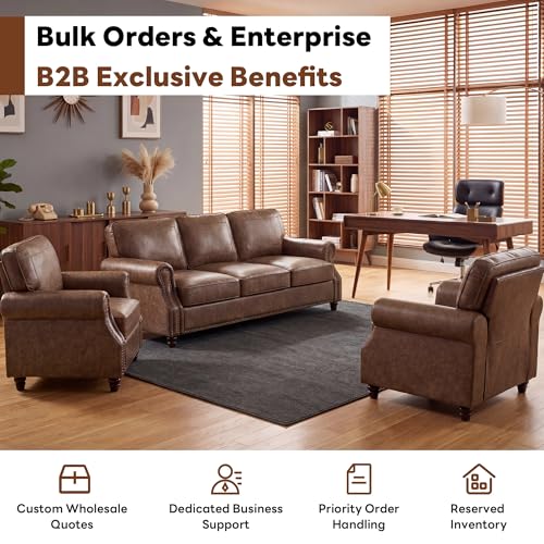 Image of Kingfun 3 Seater Sofa, Mid-Century Modern Faux Leather Couch Set for Living Room, Darkbrown with Rolled Arms & Nailhead Trim, Easy Assembly