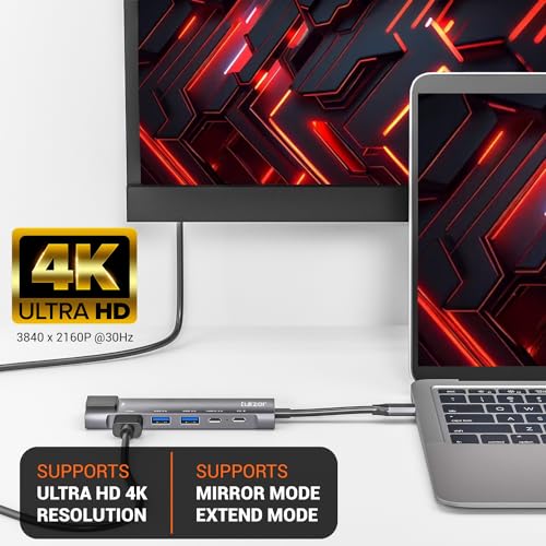 Image of Tukzer 6-in-1 Type-C Hub to HDMI 4K@30Hz, 2 USB 3.0 Data, USB-C 3.0 Data, 100W PD with 1000M Ethernet RJ45, MultiPort Adapter Compatible with MacBook Pro Air iPad, Dell, Other Type-C Device