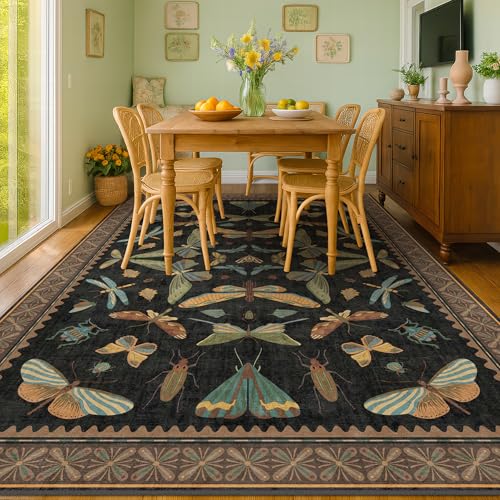 Image of Hazo Haus Black Washable Insect Area Rugs 8x10 for Living Room, Bedroom, Dining Room Under Table, Playroom, Large Dark Whimsical Boho Indoor Rug, Ultra Soft Low Pile Non Slip
