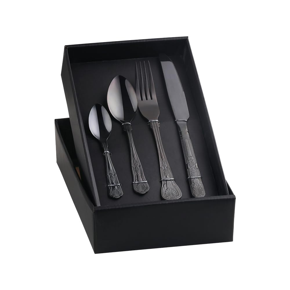 Black Cutlery Set for 4 People, BUYER STAR 16 Piece Stainless Steel Flatware Set, Shell Shape Pattern Tableware Silverware Set with Spoon Knife and Fork Set, Dishwasher Safe & Mirror Polished