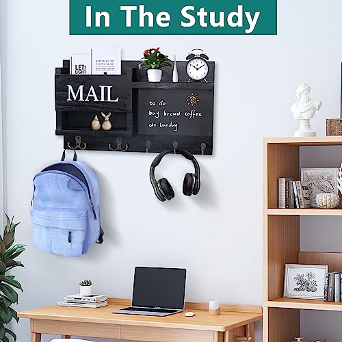 Key Holder Wall Mount, Wooden Key Rack And Mail Organizer For Wall Mount With A Chalkboard, 2 Storage Shelf And 5 Key Hooks For Entryway Home Decor, Letters, Wallet, Umbrellas, Sunglasses (Black) #TOP2