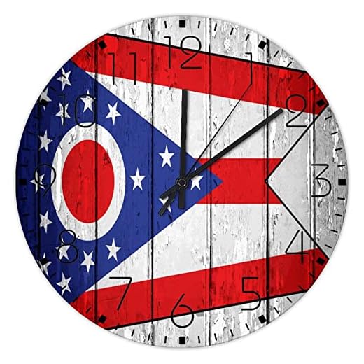 10 Inch Silent Non-Ticking Wall Clocks Battery Operated Ohio Home Decor for Bathroom USA July 4th Independence Day Patriotic Farmhouse Round Wooden Wall Clock Rustic for Dining Room Warehouse