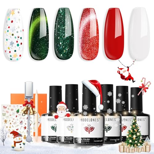 Modelones Esmaltes Semipermanentes para Uñas en Gel Navidad Rojo Verde Blanco Cat Eye 6 Colores Pintauñas Semipermanentes Uñas de Gel UV LED Soak Off Nail Polish Esmalte Uñas para Nail Art Manicura-