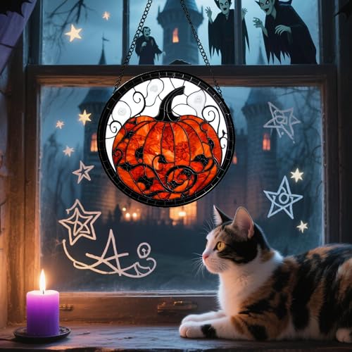 Image of Stained Glass Window Hanging - Halloween Red White Scary Pumpkin Suncatcher for Doors Garden Home Spooky Rattan Sun Catchers Gothic Decor Horror Gifts for Women Men Friend Boy Girl 6.3 in