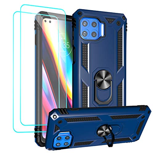 Androgate Compatible with Moto One 5G Case Motorola One 5G UW Case with Tempered Glass Screen Protectors Military-Grade Metal Ring Kickstand 18ft Drop Tested Shockproof Cover Blue