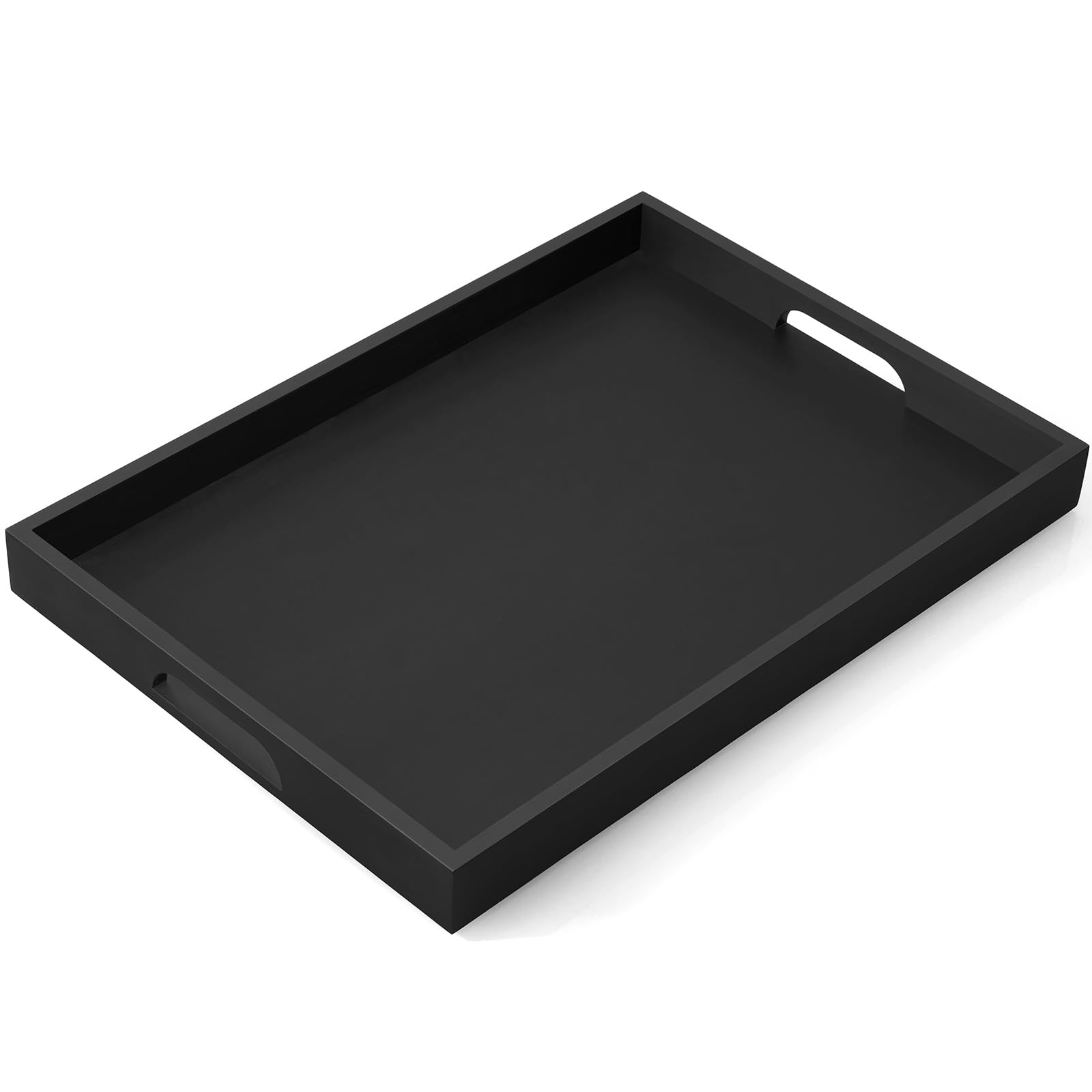 Photo 1 of 17 Inch Wood Serving Tray with Handles - Large Wooden Tray for Ottoman, Breakfast in Bed, Dinner, Coffee Table - Black Rectangular Tray for Living Room Bedroom Entryway and Kitchen