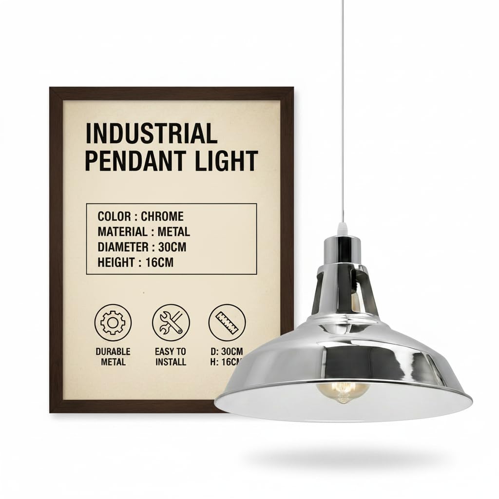 LEDSone Chrome Pendant Light, Vintage Loft Style, 30cm Metal Shade