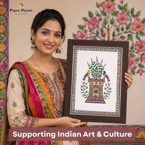 Image of PAPER PAJAMA Madhubani Vastu Tulsi Plant Wall Art for Living Room | Traditional Mithila Folk Painting with Birds & Om Motif | Indian Cultural Framed Decor for Home & Office (10x13 Inches)