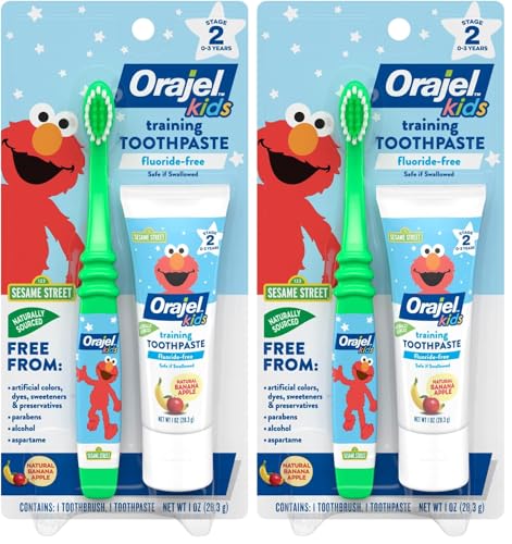 Image of Orajel Elmo Fluoride-Free Tooth & Gum Cleanser with Toothbrush, Combo Pack, Banana Apple Flavored Non-Fluoride, 2 Piece Set (Pack of 2)
