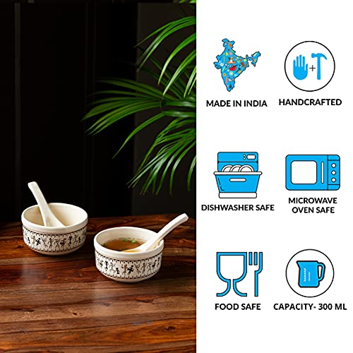 Image of ExclusiveLane 'Warli Village Tales' Handpainted Ceramic Soup Bowl with Spoon Set of 2 (300 ml, Dishwasher & Microwave Safe Bowls, Beige)|Soup Bowl Ceramic Bowl Set of 2 Soup Bowl Set for Kitchen