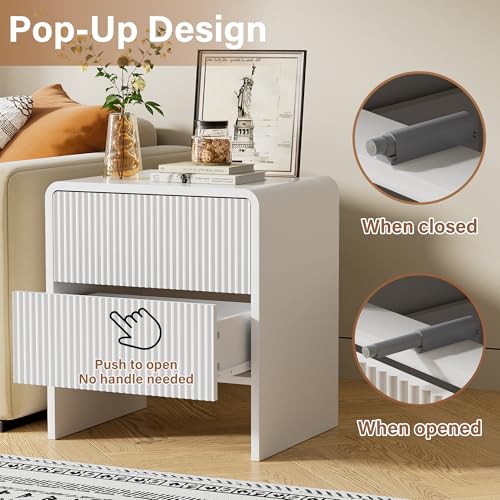 Image of Furniway Set of 2 Modern Curved Nightstand with 2 Drawers, Push-to-Open Wooden Bedside Table, Minimalist End Table for Bedroom, White