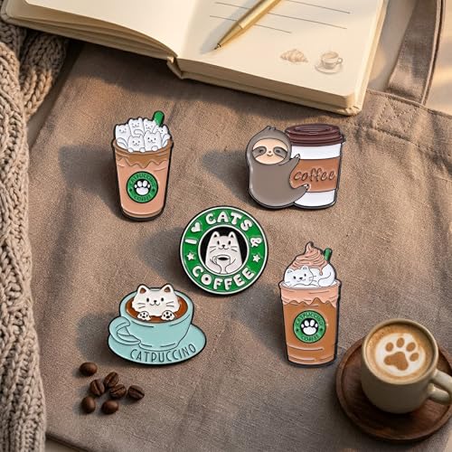 Image of 5Pcs Cute Coffee Cat Sloth Enamel Pin Set Cartoon Animal Coffee Cup Brooch Badges, Funny Lapel Pins for Backpacks, Jackets, Bags, Coffee Lover Gift