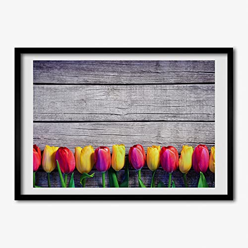 Affiche décorative tulipes sur le bois sous grand cadre photo MDF 70x50 cm Tulup
