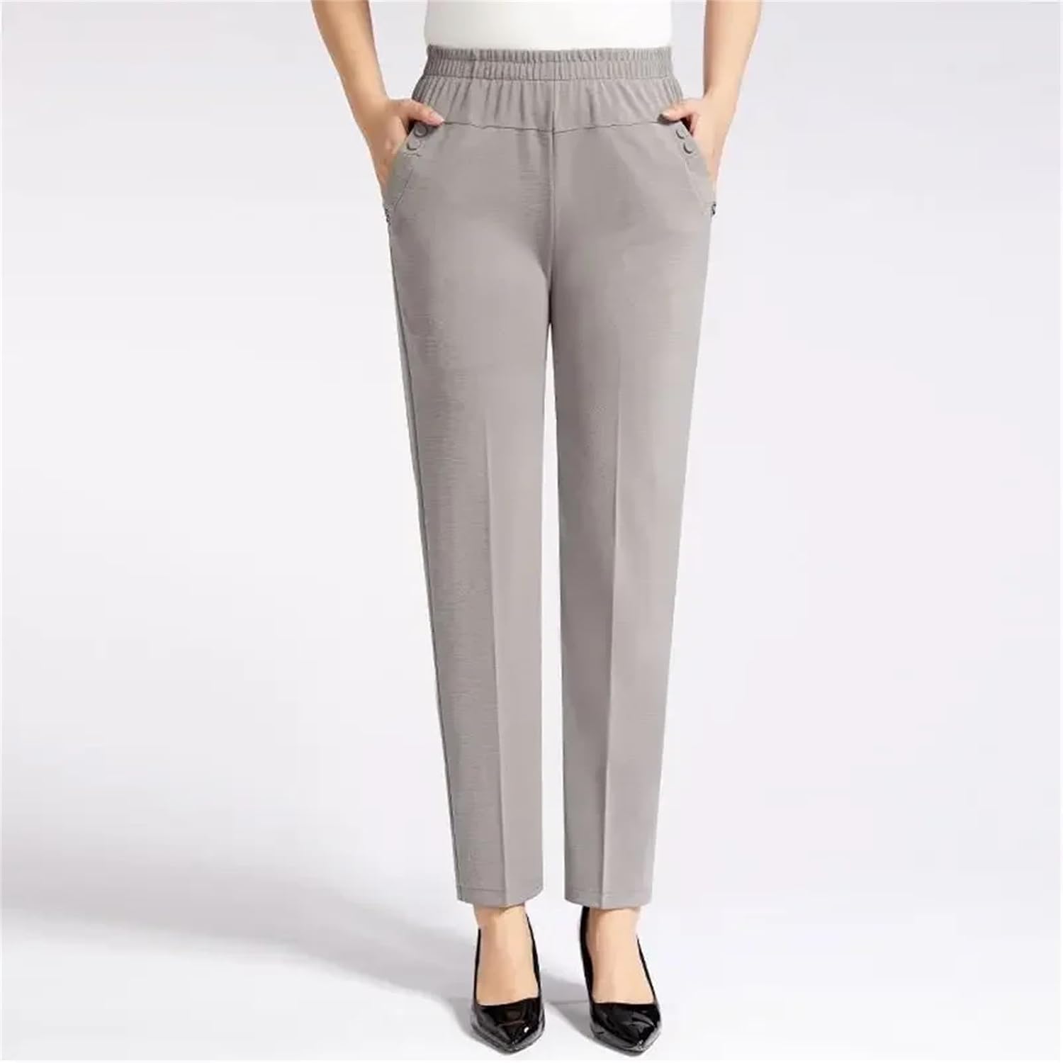 Spring Women's Clothing Solid Color Pockets Elastic High Waisted Casual Trousers Straight Pencil Trouser Suits Pants