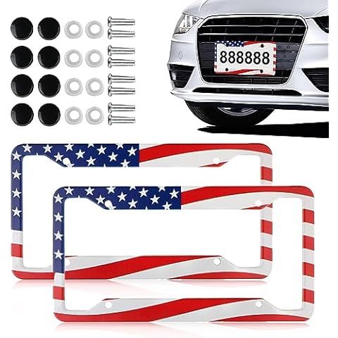 LIYISHUO American Flag License Plate Frame 2Packs, USA Stars License Plate Holder Stainless Steel License Plate Cover with Screw Cap for Truck/SUV/Car Cover