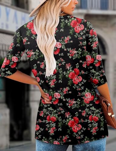 KISSMODA Tunic Tops for Women Loose Fit Dressy Round Neck Pleated 3/4 Length Sleeve Spring Tops