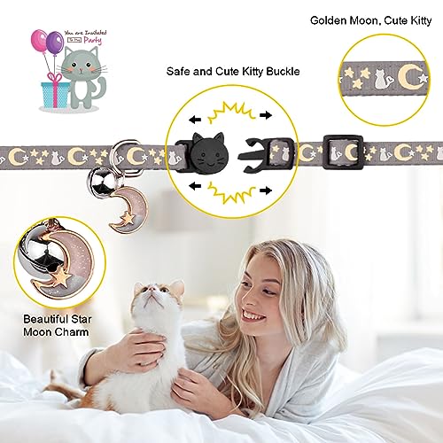Image of 2PCS Breakaway Cat Collars with Bell Cute Kitty Glow in The Dark Adjustable Kitten Collars(Grey&Black)