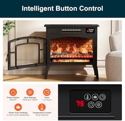 Royalcraft Electric Fireplace Heater, Freestanding Electric Fireplace Stove 5118 BTU with Remote Control, Realistic Flame Effect and Infrared Heating, Overheating Safe Design for Living Room, Bedroom