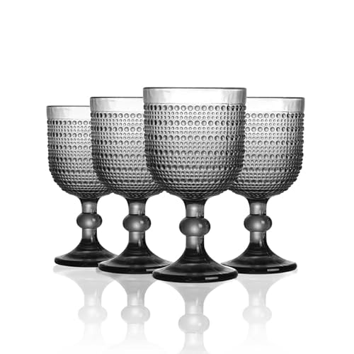 12 oz Gray Vintage Wine Glasses,Hobnail Drinking Glasses Set of 4,Embossed Goblet Glasses for Wedding,Party, Dinner,Bar