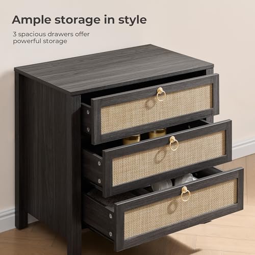 Image of SICOTAS Night Stand with Drawers, Large Rattan Bedside Table with Golden Handle, 3 Drawers Nightstand Tall End Table Side Table Boho Nightstand for Bedroom