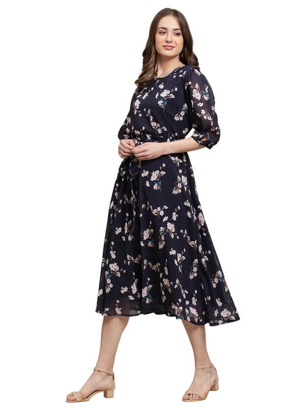 Preneum Women's Maxi Fit & Flare Latest Style Print Georgette Regular Sleeves Casual Dress |Summer Dress Festival & Occasion Maxi Gown,Dark Blue,Xl